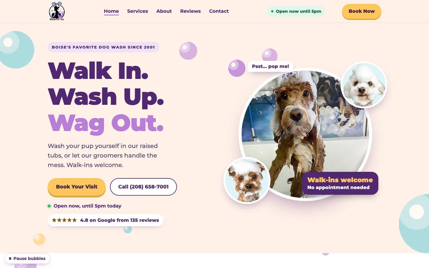 K-9 Wash-N-Go home page on desktop, the headline Walk In. Wash Up. Wag Out. beside a photo of a dog in a tub