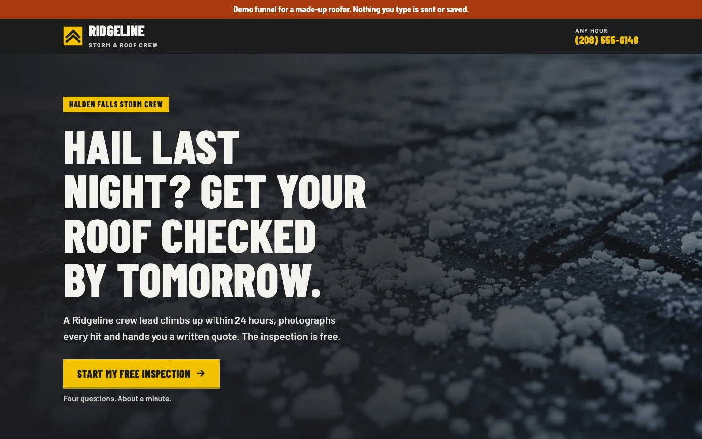 Ridgeline Roofing landing page on desktop, hail on dark shingles and a yellow button to start a free inspection